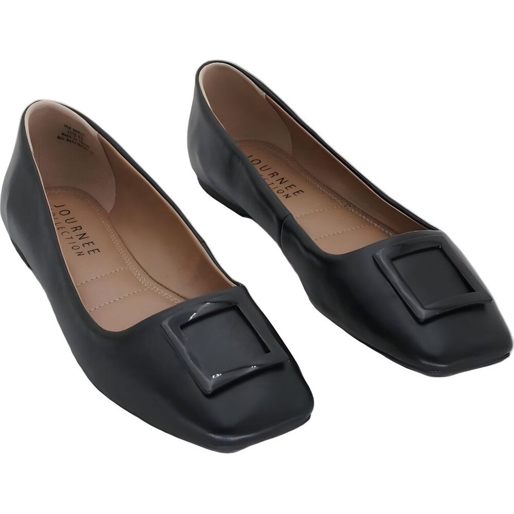 Journee Collection Black Faux-Leather Square-Buckle Square-Toe Flats